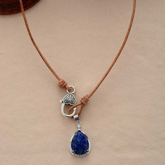 Simple Retro Lapis Lazuli Water Drop Pendant Cowhide String